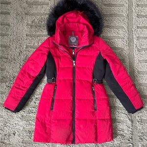 Vince Camuto Red Down & Feather Puffer Coat with Faux Fur Hood